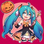  1girl :d ahoge artist_name bare_shoulders black_legwear blue_eyes blue_hair blush bow breasts bright_pupils candy candy_cane commentary cropped_legs dated dated_commentary detached_sleeves disconnected_mouth dress earrings english_commentary eyebrows_visible_through_hair fangs food hair_between_eyes hair_ribbon halloween hatsune_miku holding holding_candy_cane jack-o&#039;-lantern jewelry long_hair looking_at_viewer multicolored multicolored_clothes multicolored_legwear nendoroid official_alternate_costume open_mouth orange_bow outline pink_background pumpkin ribbon signature small_breasts smile solo striped striped_legwear thigh-highs twintails umenodo very_long_hair vocaloid white_legwear white_outline zettai_ryouiki 