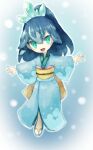  1girl :d absurdres blue_background blue_hair blue_kimono crown full_body green_eyes highres japanese_clothes kimono long_sleeves looking_at_viewer obi okame_nin open_mouth original outline outstretched_arms ponytail sandals sash smile solo spread_arms white_outline yellow_sash 