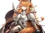  1girl absurdres arknights armor blemishine_(arknights) breastplate brown_hair commentary_request highres long_hair looking_at_viewer one_eye_closed pauldrons red_eyes river_(river15221728798) shoulder_armor simple_background solo white_background 