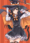  1girl asashio_(kantai_collection) belt belt_buckle black_belt black_dress black_hair black_headwear blue_eyes blush buckle buttons cape collared_shirt cowboy_shot dress eyebrows_visible_through_hair gloves hair_between_eyes halloween halloween_costume hat highres kantai_collection long_hair long_sleeves parted_lips pinafore_dress remodel_(kantai_collection) shirt solo sugue_tettou twitter_username white_gloves white_shirt witch_hat 