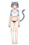  1girl animal_ears bare_legs bare_shoulders barefoot black_panties blonde_hair blue_hair breasts cat_ears cat_tail closed_mouth commentary dated english_commentary full_body gradient_hair highleg highleg_panties highres looking_at_viewer medium_breasts multicolored_hair navel orange_eyes original panties short_hair shoulder_tattoo signature simple_background solo tail tank_top tattoo underwear watermark white_background white_tank_top yun-yang 