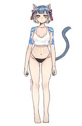  1girl animal_ears bare_legs bare_shoulders barefoot black_panties blonde_hair blue_hair breasts cat_ears cat_tail closed_mouth commentary dated english_commentary full_body gradient_hair highleg highleg_panties highres looking_at_viewer medium_breasts multicolored_hair navel orange_eyes original panties short_hair shoulder_tattoo signature simple_background solo tail tank_top tattoo underwear watermark white_background white_tank_top yun-yang 