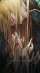  1boy blonde_hair blood closed_eyes english_text from_side glasses glowing glowing_eyes highres jade_curtiss long_hair looking_down male_focus necromancer reaching red_eyes smile solo takagi_rakuji tales_of_(series) tales_of_the_abyss undead 
