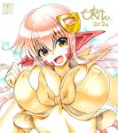  1girl 2020 :d breasts commentary_request covered_nipples eyebrows_visible_through_hair fang hair_between_eyes hair_ornament hairclip lamia large_breasts long_hair looking_at_viewer miia_(monster_musume) monster_girl monster_musume_no_iru_nichijou open_mouth pointy_ears redhead scales shirt smile solo tail tied_shirt upper_body uran_(uran-factory) yellow_eyes 