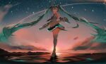  1girl absurdres backlighting black_skirt blue_eyes blue_hair c-up detached_sleeves evening hatsune_miku highres huge_filesize long_hair looking_down scenery skirt thigh-highs twilight twintails very_long_hair vocaloid 