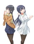  2girls :d absurdres bangs black_hair black_skirt blue_eyes blush breasts brown_jacket brown_legwear bunny_hair_ornament dress eyebrows_visible_through_hair feet_out_of_frame fringe_trim fur-trimmed_dress fur_trim hair_between_eyes hair_ornament hairclip hand_up hands_up highres jacket long_hair long_sleeves makinohara_shouko medium_breasts mosta_(lo1777789) multiple_girls open_clothes open_jacket open_mouth pantyhose parted_lips sakurajima_mai scarf seishun_buta_yarou simple_background skirt smile standing very_long_hair white_background white_dress yellow_scarf 