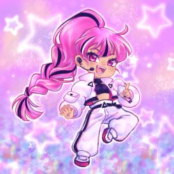 1girl alternate_costume braid braided_ponytail chibi cookie_run cookie_run:_ovenbreak crop_top eyelashes fangs female headset holding holding_microphone jacket long_hair microphone multicolored_hair official_alternate_costume open_jacket pants pink_hair pose shining_glitter_cookie shining_glitter_cookie_(superstar_airport_attire) shoes smile white_pants yeraru