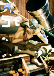  1boy bandana bare_shoulders barefoot boots brown_overalls full_body goggles goggles_on_headwear holding holding_staff long_nose looking_at_viewer male_focus mask mixed-language_commentary official_art one_piece overalls pants pants_rolled_up parted_lips sitting solo staff unworn_boots unworn_mask usopp 