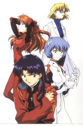  4girls absurdres akagi_ritsuko ayanami_rei bad_source blonde_hair blue_hair breasts highres jacket katsuragi_misato lab_coat lipstick makeup mecha_pilot_suit multiple_girls neon_genesis_evangelion official_art orange_hair purple_hair red_eyes red_jacket sadamoto_yoshiyuki short_hair simple_background souryuu_asuka_langley white_background 