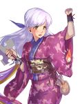  1girl absurdres animal_print bird blush butterfly_print fire_emblem fire_emblem:_radiant_dawn fire_emblem_heroes hair_ribbon half_updo highres japanese_clothes kimono long_hair looking_at_animal micaiah_(fire_emblem) misokatsuhaumai obi ribbon sash simple_background solo sweatdrop white_background wide_sleeves yellow_eyes yukata yune_(fire_emblem) 