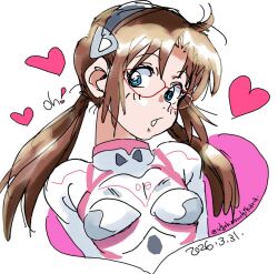  1girl blue_eyes bodysuit brown_hair commentary_request dated fussan_senryobako glasses heart long_hair looking_at_viewer makinami_mari_illustrious neon_genesis_evangelion pink_bodysuit plugsuit rebuild_of_evangelion signature simple_background solo twintails twitter_username 