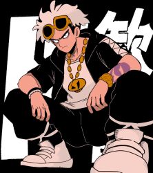  1boy black_hair black_jacket black_pants closed_mouth crew_neck elbow_on_knee extreme_joy_(jygc7872) frown full_body guzma_(pokemon) highres jacket jewelry male_focus multicolored_hair necklace open_clothes open_jacket pants pokemon pokemon_sm shirt shoes short_sleeves solo squatting sunglasses two-tone_hair v-shaped_eyebrows watch watch white_hair white_shirt white_shoes yellow-framed_eyewear 
