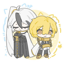  1boy 1girl :3 ahoge black_coat black_gloves black_hair black_jacket black_necktie black_pants black_skirt black_thighhighs blonde_hair blush brown_shoes cape chain chained chained_wrists chibi closed_eyes coat collar collared_shirt commentary_request don_quixote_(project_moon) gloves gold_trim greatsword holding holding_weapon index_(identity)_(project_moon) jacket library_of_ruina limbus_company lock long_hair long_sleeves looking_at_viewer multicolored_hair necktie pants project_moon sedidid shirt shoes short_hair side_ponytail simple_background skirt star_(symbol) streaked_hair sword thigh-highs very_long_hair weapon white_background white_cape white_hair white_shirt yan_vismok yellow_eyes 