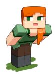  1other alex_(minecraft) bent_over boots brown_pants full_body green_eyes green_shirt hair_over_shoulder highres looking_to_the_side minecraft minus8 open_mouth orange_hair pants shirt simple_background solo 