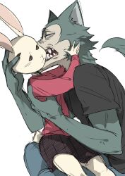  absurdres arms_up beastars brown_eyes closed_mouth couple fangs from_side furry furry_female furry_male grey_background hands_on_another's_head haru_(beastars) head_tilt hetero highres hunnyamai leaning_back leaning_forward legoshi long_sleeves looking_at_another looking_down mixed-language_commentary pants rabbit_girl short_sleeves simple_background sitting sitting_on_person skirt teeth upper_body wolf_boy 