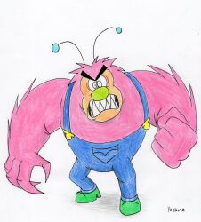  1boy absurdres angry antennae artist_name blue_overalls claws clenched_hand colored_pencil_(medium) commentary english_commentary full_body fuzzy_lumpkins green_eyes highres looking_at_viewer male_focus overalls pink_fur powerpuff_girls sharp_teeth teeth toon_(style) traditional_media white_background yojama 