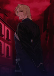  1boy black_gloves blonde_hair commentary_request gloves hair_intakes highres long_sleeves male_focus onimoti priest red_eyes rhyno_(yuushakei_ni_shosu) short_hair smile solo solo_focus teeth yuushakei_ni_shosu 