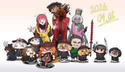  1other 6+boys 6+girls absurdres aged_down apron aqua_eyes biting black_eyes black_gloves black_hair black_hat black_skirt brown_eyes brown_hair charon_(project_moon) clock coat commentary_request dante_(limbus_company) dark-skinned_female dark-skinned_male dark_skin dated don_quixote_(project_moon) dress faust_(project_moon) fire gloves gregor_(project_moon) grey_dress grey_hat hat heathcliff_(project_moon) hetero highres hong_lu_(project_moon) ishmael_(project_moon) kimsy2099 kindergarten_uniform korean_commentary limbus_company loading_icon long_hair meursault_(project_moon) multiple_boys multiple_girls necktie object_head outis_(project_moon) pink_hair pleated_skirt project_moon red_coat red_eyes red_necktie rodion_(project_moon) ryoshu_(project_moon) shako_cap sharp_teeth simple_background sinclair_(project_moon) skirt sparkle teeth toy_knife toy_sword very_long_hair white_background yellow_apron yi_sang_(project_moon) yuri_(project_moon) 