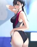  1girl ass back back_cutout bangs black_hair black_swimsuit blurry breasts clothing_cutout competition_swimsuit cowboy_shot depth_of_field dripping fed_(giba) from_behind goggles goggles_removed hair_between_eyes hand_up highleg highleg_swimsuit holding holding_goggles long_hair medium_breasts one-piece_swimsuit original poolside standing swimsuit twisted_torso wedgie wet wet_clothes wet_hair wet_swimsuit 
