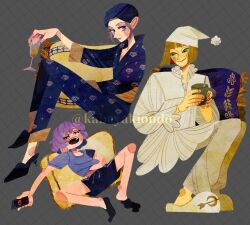  3boys artist_name black_pajamas black_robe black_socks blonde_hair bob_cut closed_eyes closed_mouth commentary cup epel_felmier freckles full_body gradient_hair grey_background hair_bun hand_on_own_stomach hat height_difference highres holding holding_cup holding_phone kabayakiondo looking_at_another looking_at_viewer loose_socks male_focus multicolored_hair multiple_boys nightcap nightgown open_mouth pajamas phone pillow pomefiore_dorm purple_hair robe rook_hunt short_hair simple_background sleeping sleepover slippers smile socks twisted_wonderland twitter_username two-tone_hair untranslatable_commentary vil_schoenheit_(cozy_loungewear) violet_eyes white_pajamas 