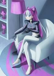 1girl belt blush bow-shaped_hair chair cookie_run cookie_run:_ovenbreak cropped_jacket crossed_legs female fingerless_gloves long_hair multicolored_hair nail_polish pants pink_hair pink_nails remote_control shining_glitter_cookie smile watching_television white_pants