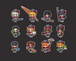  6+boys 6+girls absurdres aged_down axe black_background black_hair black_hat black_shorts blonde_hair blue_eyes bob_cut brown_eyes child commentary_request don_quixote_(project_moon) everyone faust_(project_moon) glasses grabber_tool gregor_(project_moon) hat heathcliff_(project_moon) highres holding holding_staff hong_lu_(project_moon) ishmael_(project_moon) kindergarten_uniform korean_commentary limbus_company meursault_(project_moon) multiple_boys multiple_girls oluig23 outis_(project_moon) pixel_art project_moon red_eyes red_hair rodion_(project_moon) ryoshu_(project_moon) shorts simple_background sinclair_(project_moon) staff toy_sword white_hair yellow_eyes yi_sang_(project_moon) 