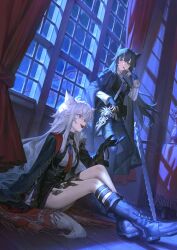  2girls aiguillette animal_ear_fluff animal_ears arknights black_pantyhose black_vest blue_eyes blue_gloves blue_shorts boots coat coat_on_shoulders curtains dutch_angle fingerless_gloves flower gloves highres lappland_(arknights) lappland_the_decadenza_(arknights) long_hair material_growth mr.lime multicolored_necktie multiple_girls necktie night open_mouth oripathy_lesion_(arknights) pantyhose pantyhose_under_shorts shorts single_shoulder_pad sitting standing sword texas_(arknights) texas_the_omertosa_(arknights) vase very_long_hair vest weapon white_hair window wolf_ears wolf_girl wooden_floor 