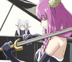  2girls aura_(sousou_no_frieren) black_necktie braid breasts demon_girl demon_horns duet earrings elbow_gloves elf frieren gloves horns instrument jacket jewelry long_hair multiple_girls music necktie parted_bangs piano playing_instrument pointy_ears purple_hair sousou_no_frieren suit_jacket sword teardrop_earrings torako_(toramaru) twintails weapon white_background white_hair 
