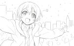  1girl arms_up bangs blush bubble commentary_request drawstring eyebrows_visible_through_hair flat_chest greyscale happy hood hoodie hoshizora_rin jacket lineart long_sleeves looking_at_viewer love_live! love_live!_school_idol_project monochrome open_clothes open_jacket open_mouth outdoors outstretched_arms shibasaki_shouji shirt short_hair sketch smile solo spread_arms star_(sky) star_(symbol) teeth upper_body 