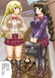 2girls :d animal bag black_pantyhose black_socks blunt_bangs bob_cut bow bowtie braid braided_twintails breasts brown_jacket character_request closed_mouth commentary_request copyright_request double-parted_bangs full_body hair_between_eyes hands_in_pockets holding holding_bag jacket large_breasts loafers multiple_girls open_mouth outdoors pantyhose plaid_clothes plaid_skirt purple_jacket red_bow red_bowtie red_skirt road school_bag shirt shoes skirt smile socks standing street tanuki translation_request violet_eyes wasabi_shoujo white_shirt yellow_eyes 