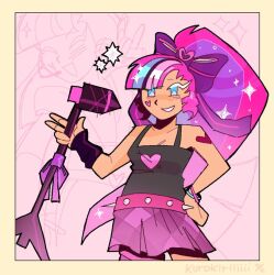  belt blush bow bracelet cookie_run cookie_run:_kingdom cookie_run:_ovenbreak cropped_jacket eyelashes female glitter glitter_in_hair hair_ornament hand_on_hip hand_on_own_hip headset heart heart_on_cheek heart_tattoo holding holding_microphone holding_microphone_stand kurokiriiiiii long_hair microphone microphone_stand multicolored_hair pants peace_symbol pink_hair ponytail shining_glitter_cookie sign_of_the_horns skirt smile tank_top 