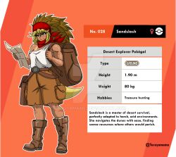  1girl artist_name backpack bag belt blonde_hair boots brown_eyes brown_shorts cargo_pants cargo_shorts character_name character_profile deviantart_logo deviantart_username english_text freckles full_body hair_between_eyes hairband highres holding holding_paper long_hair multicolored_hair neckerchief pants paper personification pokemon red_neckerchief sandslash scar scar_on_arm scar_on_face scar_on_leg shirt shorts sleeveless sleeveless_shirt strap_slip tan tanlines taruyamame toned toned_female white_shirt 