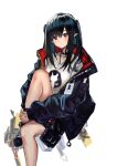  1girl absurdres arknights bangs black_choker black_hair black_jacket choker closure_(arknights) collarbone hair_between_eyes highres holding_own_foot id_card jacket kit knee_to_chest light_blush long_hair long_sleeves looking_at_viewer open_clothes open_jacket pointy_ears red_eyes shirt solo twintails white_background white_shirt 