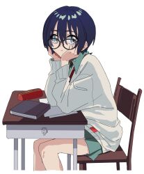  1girl amate_yuzuriha aqua_eyes black_hair book chair closed_mouth collared_shirt commentary_request desk glasses gundam gundam_gquuuuuux hand_on_own_face highres long_sleeves looking_at_viewer necktie o6nuqm paper pencil_case school_chair school_desk school_uniform shirt short_hair simple_background skirt solo sweater white_background 