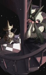  1other aegislash body_fur furry green_fur highres meowscarada one-eyed pokemon pokemon_(creature) pokemon_focus red_eyes reo_(mmocc123) shield sitting spiral_staircase stairs sword two-tone_fur violet_eyes weapon 