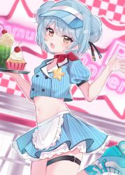 1girl badge blue_hair blue_shirt blue_skirt blue_visor brown_eyes commentary_request crop_top dessert diner double_bun employee_uniform food hair_bun highres kantai_collection midriff pleated_skirt puffy_short_sleeves puffy_sleeves roller_skates samuel_b._roberts_(kancolle) shirt short_sleeves skates skirt solo star_(symbol) striped_clothes striped_shirt striped_skirt thigh_strap visor_cape waitress yoshino_(mfmfpng) 