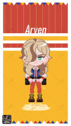  1boy arven_(pokemon) bag belt black_belt blue_vest brown_hair character_name chibi closed_mouth collared_shirt commentary_request frown hair_over_one_eye highres long_hair male_focus meme_(sleepsheep) multicolored_hair necktie open_clothes open_vest orange_necktie orange_pants pants pokemon pokemon_sv school_uniform shirt two-tone_hair uva_academy_school_uniform vest white_shirt yellow_bag 