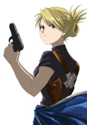  1girl amestris_military_uniform blonde_hair brown_eyes earrings folded_ponytail fullmetal_alchemist gun handgun highres holding holding_gun holding_weapon holster jacket jewelry military military_jacket military_uniform nu1h5 riza_hawkeye stud_earrings updo weapon 