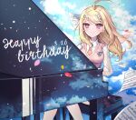  1girl ahoge akamatsu_kaede bangs beamed_eighth_notes beamed_sixteenth_notes blonde_hair blush breasts closed_mouth clouds commentary_request dalrye_v3 dangan_ronpa dated day eighth_note eyebrows_visible_through_hair feet_out_of_frame floating_hair hair_ornament happy_birthday highres instrument long_hair long_sleeves looking_at_viewer medium_breasts music musical_note musical_note_hair_ornament necktie new_dangan_ronpa_v3 orange_neckwear paper piano pink_eyes playing_instrument pleated_skirt print_skirt quarter_note reflection repost_notice school_uniform sheet_music shirt sitting skirt sky smile solo sweater_vest twitter_username violet_eyes white_shirt 