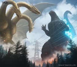  clouds cloudy_sky commentary_request embers fire forest glowing_spines godzilla godzilla_(series) kaiju king_ghidorah multiple_heads nature no_humans power_lines sky smoke suttoko tree wings 