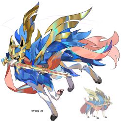  1girl absurdres animal_focus claws closed_mouth dog highres holding holding_sword holding_weapon karmaho looking_at_viewer mouth_hold no_humans official_art_inset pokemon pokemon_(creature) pokemon_focus reference_inset simple_background solo sword sword_in_mouth teeth twitter_username weapon white_background yellow_eyes zacian zacian_(crowned) 