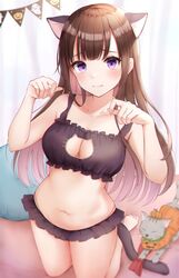  1girl absurdres animal_ears breasts brown_hair cat cat_bra cat_ears cat_girl cat_lingerie cat_tail embarrassed halloween highres large_breasts long_hair looking_at_viewer meme_attire navel original solo tail violet_eyes yukiunag1 