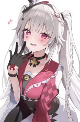  1girl absurdres anzu_(user_synd2453) bell black_choker black_gloves black_hat braid choker clothing_cutout commentary cowboy_shot diamond_(shape) diamond_facial_mark facial_mark frilled_sailor_collar frilled_sleeves frills gloves grey_background hat heart heart_facial_mark highres honkai:_star_rail honkai_(series) jingle_bell leaning_forward long_hair long_sleeves looking_at_viewer mini_hat mini_top_hat multicolored_hair open_mouth pink_eyes red_hair red_sailor_collar red_shirt sailor_collar shirt shoulder_cutout simple_background skirt solo sparkle_(honkai:_star_rail) sparxie_(honkai:_star_rail) streaked_hair top_hat twintails two-tone_hair very_long_hair white_hair white_skirt 
