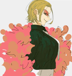  1girl blonde_hair chacoma commentary_request donquixote_doflamingo earrings feather_boa from_side genderswap genderswap_(mtf) highres jewelry looking_at_viewer necktie one_piece parted_lips short_hair solo tinted_eyewear upper_body white_background white_necktie 