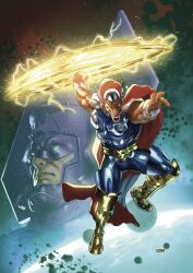  2boys alien armor armored_boots asteroid beta_ray_bill blue_bodysuit blue_eyes blurry bodysuit boots cape colored_skin comic_cover commentary cover cover_page covered_pectorals crackling_energy depth_of_field english_commentary fake_horns fantastic_four galactus glowing glowing_eyes grey_helmet helmet highres holding holding_weapon horned_helmet horns imminent_attack kirby_dots kirby_krackle male_focus marvel motion_blur multiple_boys muscular muscular_male no_pupils official_art orange_skin pectorals planet purple_helmet reaching reaching_towards_viewer realistic red_cape space spinning_weapon square_pupils superhero_costume taurin_clarke teeth textless_version thor_(marvel)_(series) veins veiny_arms weapon western_comics_(style) winged_helmet yellow_armor yellow_boots yellow_eyes 