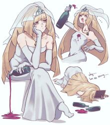  1girl absurdres alcohol andrich_galam bags_under_eyes blonde_hair bridal_veil crying dress gloves green_eyes highres jewelry lusamine_(pokemon) lying mature_female necklace pokemon pokemon_sm runny_nose simple_background sitting snot stain tears tiara veil wedding_dress white_background white_gloves 