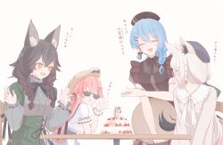  +_+ 4girls absurdres ahoge animal_ear_fluff animal_ear_piercing animal_ears beret black_dress black_hair black_hat black_headdress black_ribbon blue_hair blue_skirt bow bowtie braid braided_twintails brown_shirt cake capelet center_frills chamomile_(kazumasa) closed_eyes collared_dress commentary_request double-parted_bangs dress food fox_ears fox_girl fox_tail frills green_capelet green_skirt grey_hair hair_ornament hair_ribbon hairclip hat high-waist_skirt highres hololive hololive_grand_theft_auto hoshimachi_suisei hoshimachi_suisei_(maid) long_hair long_sleeves looking_at_food low_ponytail low_twin_braids maid medium_hair multicolored_hair multiple_girls nurse_cap official_alternate_costume official_alternate_hairstyle ookami_mio ookami_mio_(8th_costume) overskirt pink_hair ponytail puffy_short_sleeves puffy_sleeves red_streaks ribbon sakura_miko sakura_miko_(street) see-through_clothes see-through_sleeves shirakami_fubuki shirakami_fubuki_(street) shirt short_sleeves side_braid skirt sleeve_cuffs straw_hat streaked_hair sunglasses tail translation_request twin_braids virtual_youtuber wedding_cake white_bow white_bowtie white_shirt wolf_ears yellow_eyes zipper_dress 