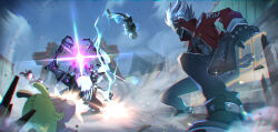  absurdres amillion_(zenless_zone_zero) anby_demara bangboo_(zenless_zone_zero) billy_kid black_pants chain dust dust_cloud ethereal_(zenless_zone_zero) grey_hair gun highres jacket kuro_tsubasa motion_blur nicole_demara pants perspective red_jacket revolver somersault weapon zenless_zone_zero 