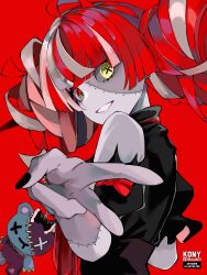  1girl absurdres black_dress black_nails colored_skin commentary cross-shaped_pupils dress english_commentary gradient_eyes green_eyes grey_skin heterochromia highres hololive hololive_indonesia kureiji_ollie kureiji_ollie_(1st_costume) looking_at_viewer multicolored_eyes multicolored_hair nail_polish nkonya patchwork_skin pink_hair red_background red_eyes red_hair smile solo symbol-shaped_pupils two-tone_hair udin_(kureiji_ollie) v virtual_youtuber yellow_eyes zombie 
