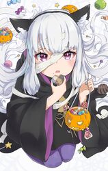  1girl absurdres animal_ears bandages blush candy candy_cane cat_ears fake_animal_ears fire_emblem fire_emblem:_three_houses food food_on_face from_above garreg_mach_monastery_uniform hairband halloween_basket halloween_costume hatsuga_(dmaigmai) highres hood huge_filesize jack-o&#039;-lantern kneeling lollipop long_hair looking_at_viewer looking_up lysithea_von_ordelia open_mouth silk silver_hair simple_background sketch solo spider_web tears violet_eyes white_background 